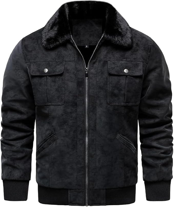 black Men's Faux Suede Bomber Jacket, Fur Collar,