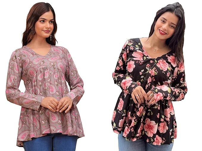 JALMALA’s Single/Combos of Multi-Color Cotton Long Top/Dress: Printed Peplum Kurti/Top Pattern, V-Neck || Kurti, Kurta, Dress or Gown for Teenage Girls & Women (K71+K72+K73)-2