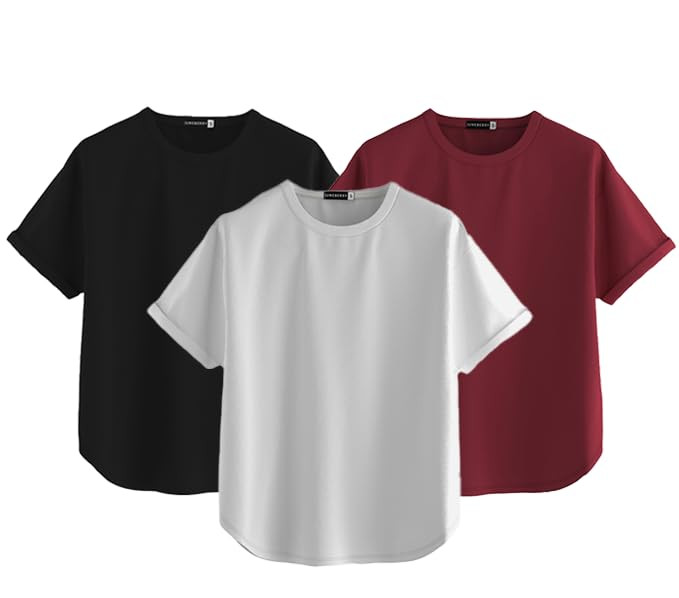 JUNEBERRY® Pure 100% Cotton Oversized Loose Baggy Fit Round Neck with Drop Shoulder Half Sleeves Boyfriend T-Shirt Combo of 3 for Women & Girls (Pack of 3)