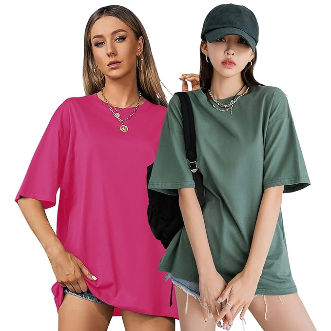 London Hills Women's Cotton Loose Casual Round Neck Solid, Drop Shoulder T-Shirt Pack of 2