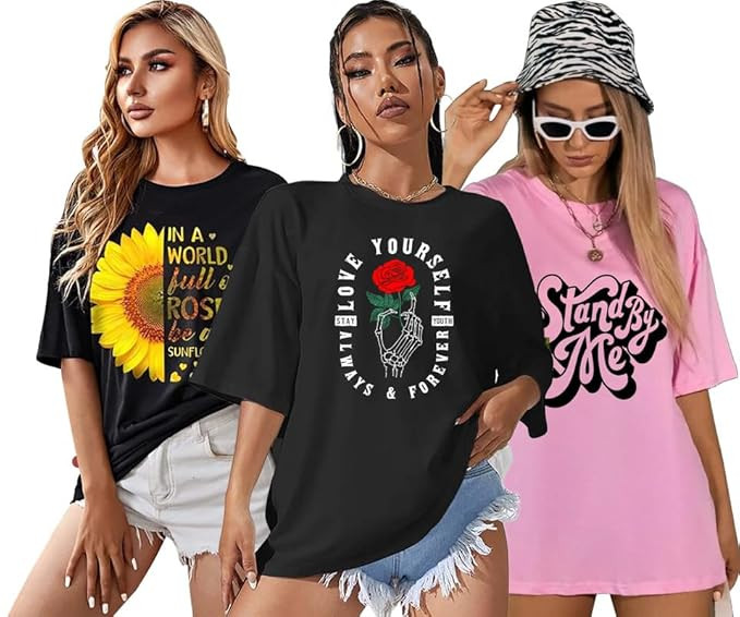 London Hills Women's Cotton Oversized Fit Printed Round Neck Oversized T-Shirt | Loose Fit Drop Shoulder T-Shirt Pack of 3