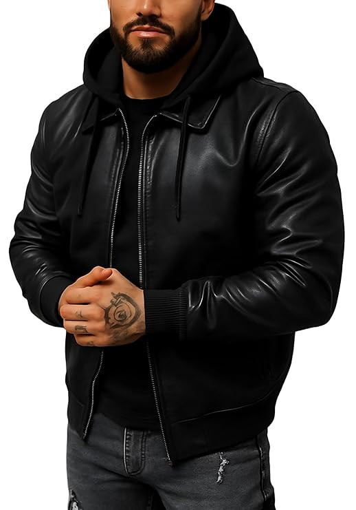 Men's Faux Leather Removable Hooded Jacket