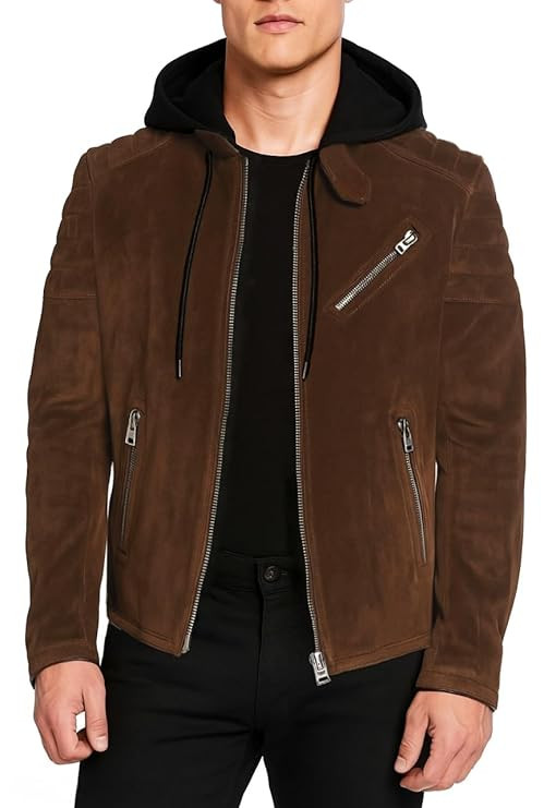Men's Suede Removable Hood Jacket, Quilted Sleeves