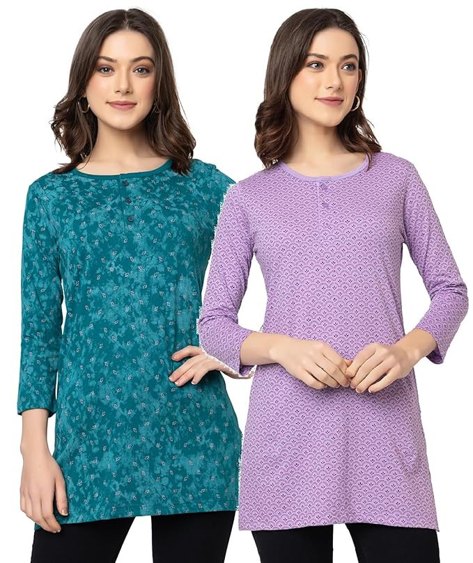 Star Touch Women Regular Fit Henley All Over Print T-Shirt (Combo of 2) | Small-5XL