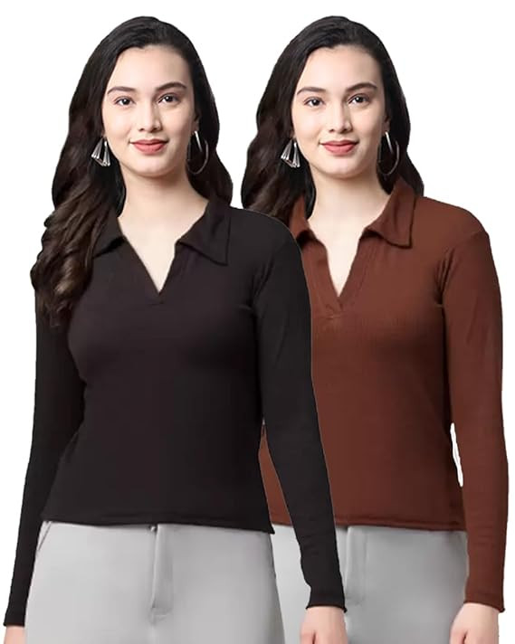 Women's Collar Long Sleeve V-Neck Top, Soft Knitted Fabric, Assorted Colours, Full Sleeve Top for Girls - Combo of